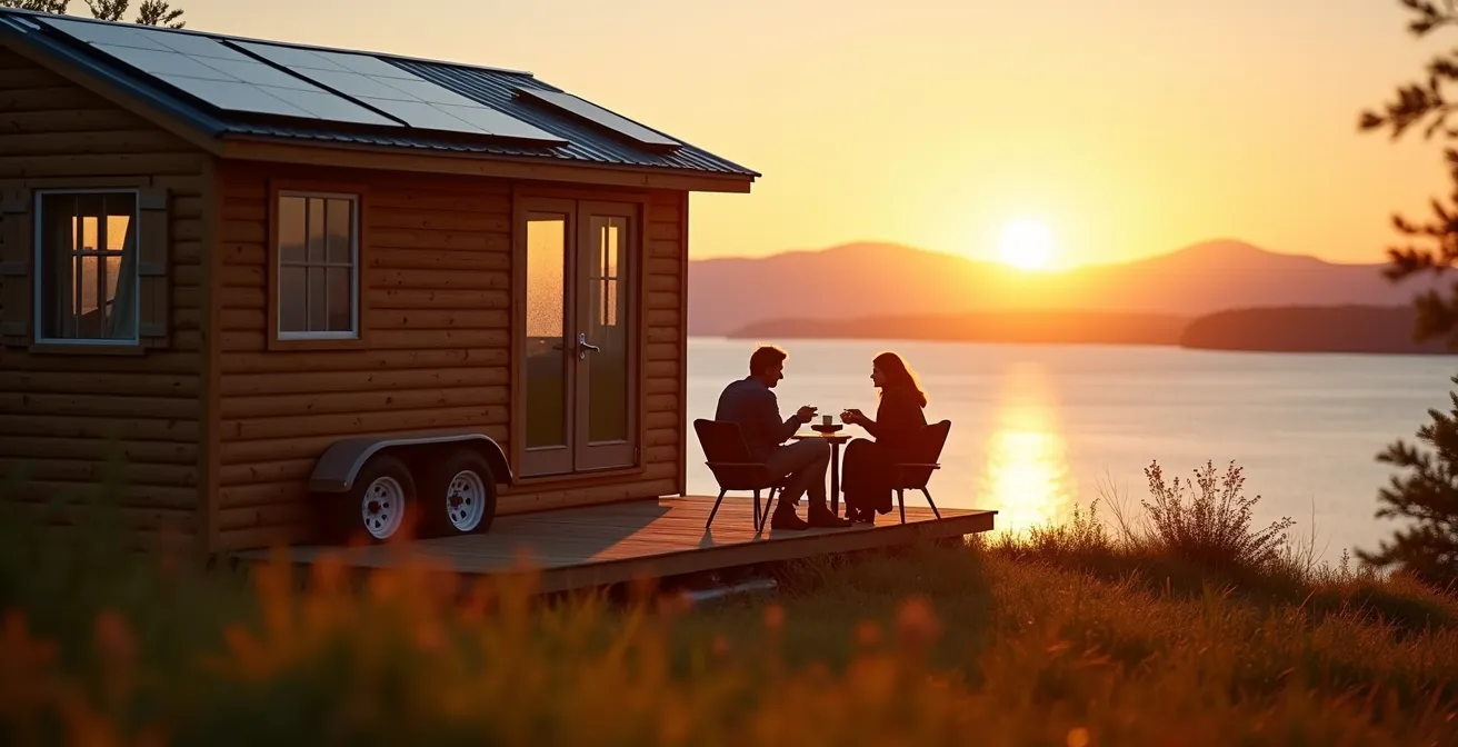 Petite maison mobile en bois avec panneaux solaires surplombant le fleuve Saint-Laurent au coucher du soleil