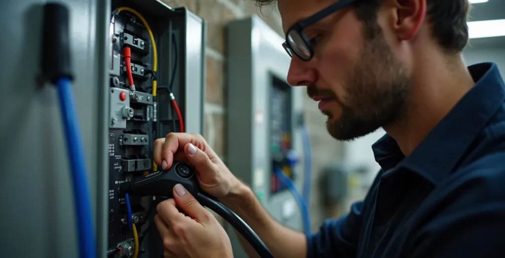 Électricien certifié installant une borne de recharge près d'un panneau électrique 200 ampères